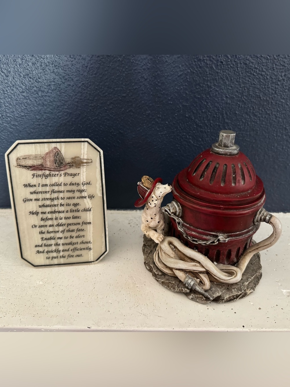 Red Hats of Courage - Firefighter Hydrant Figurine Dalmatian Hose + Prayer pic
